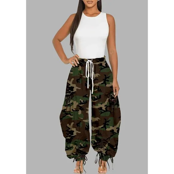 Women's Baggy Cargo Jogger Jeans Denim High Waisted Wide Leg Casual - Picture 2 of 6